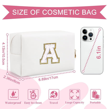 Small Personalized Initial A-Z Preppy Patch Makeup Bag,White PU Chenille Letter Travel Cosmetic Pouch with Zipper,Cute Toiletry Bag,Gift Ideal for Teen Girls Women Teacher Bridesmaid,Letter A - Renee Lane Company