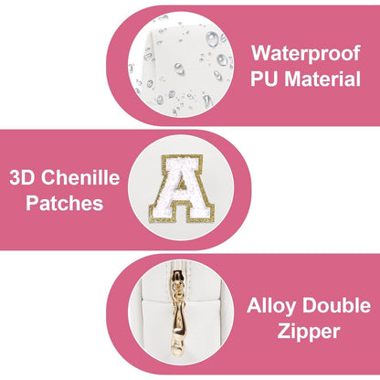 Small Personalized Initial A-Z Preppy Patch Makeup Bag,White PU Chenille Letter Travel Cosmetic Pouch with Zipper,Cute Toiletry Bag,Gift Ideal for Teen Girls Women Teacher Bridesmaid,Letter A - Renee Lane Company