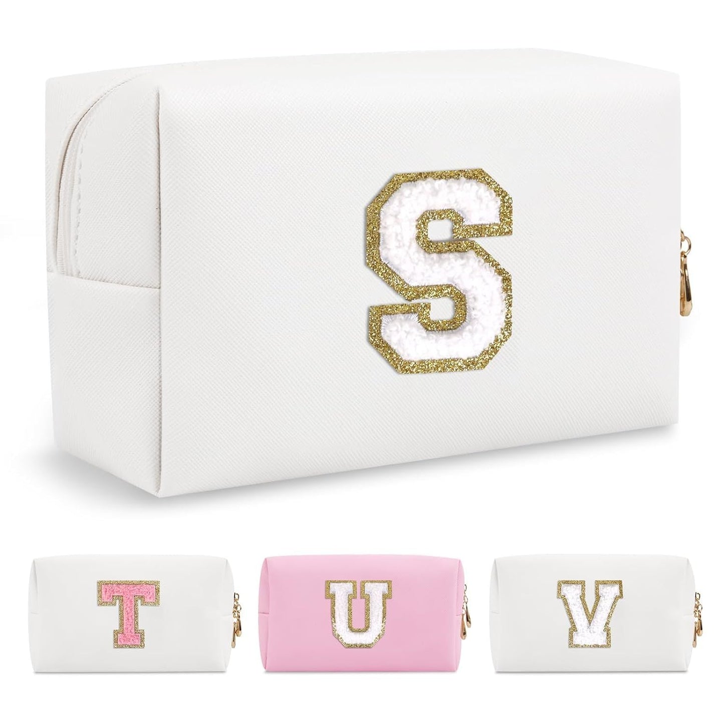 Small Personalized Initial A-Z Preppy Patch Makeup Bag,White PU Chenille Letter Travel Cosmetic Pouch with Zipper,Cute Toiletry Bag,Gift Ideal for Teen Girls Women Teacher Bridesmaid,Letter S - Renee Lane Company