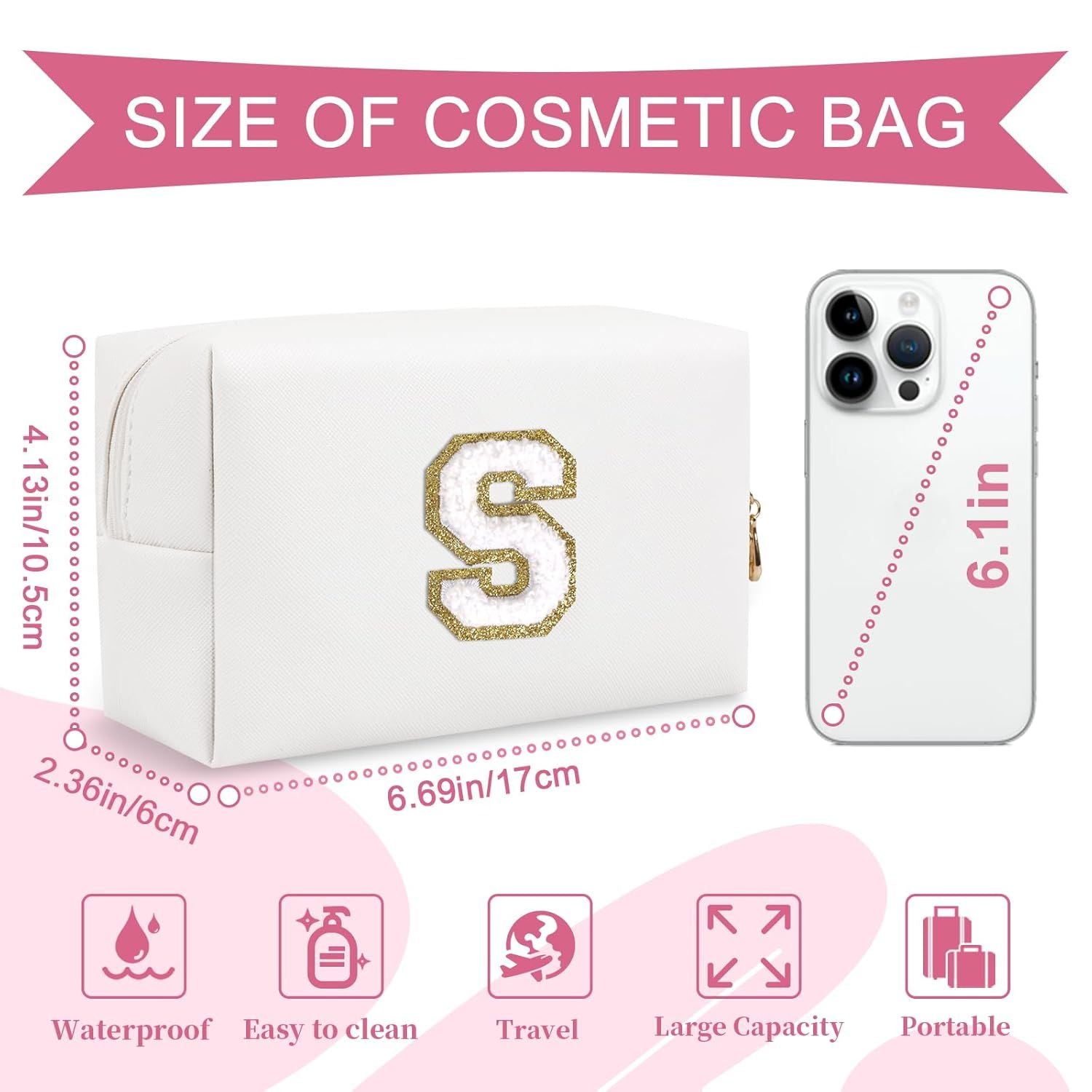 Small Personalized Initial A-Z Preppy Patch Makeup Bag,White PU Chenille Letter Travel Cosmetic Pouch with Zipper,Cute Toiletry Bag,Gift Ideal for Teen Girls Women Teacher Bridesmaid,Letter S - Renee Lane Company