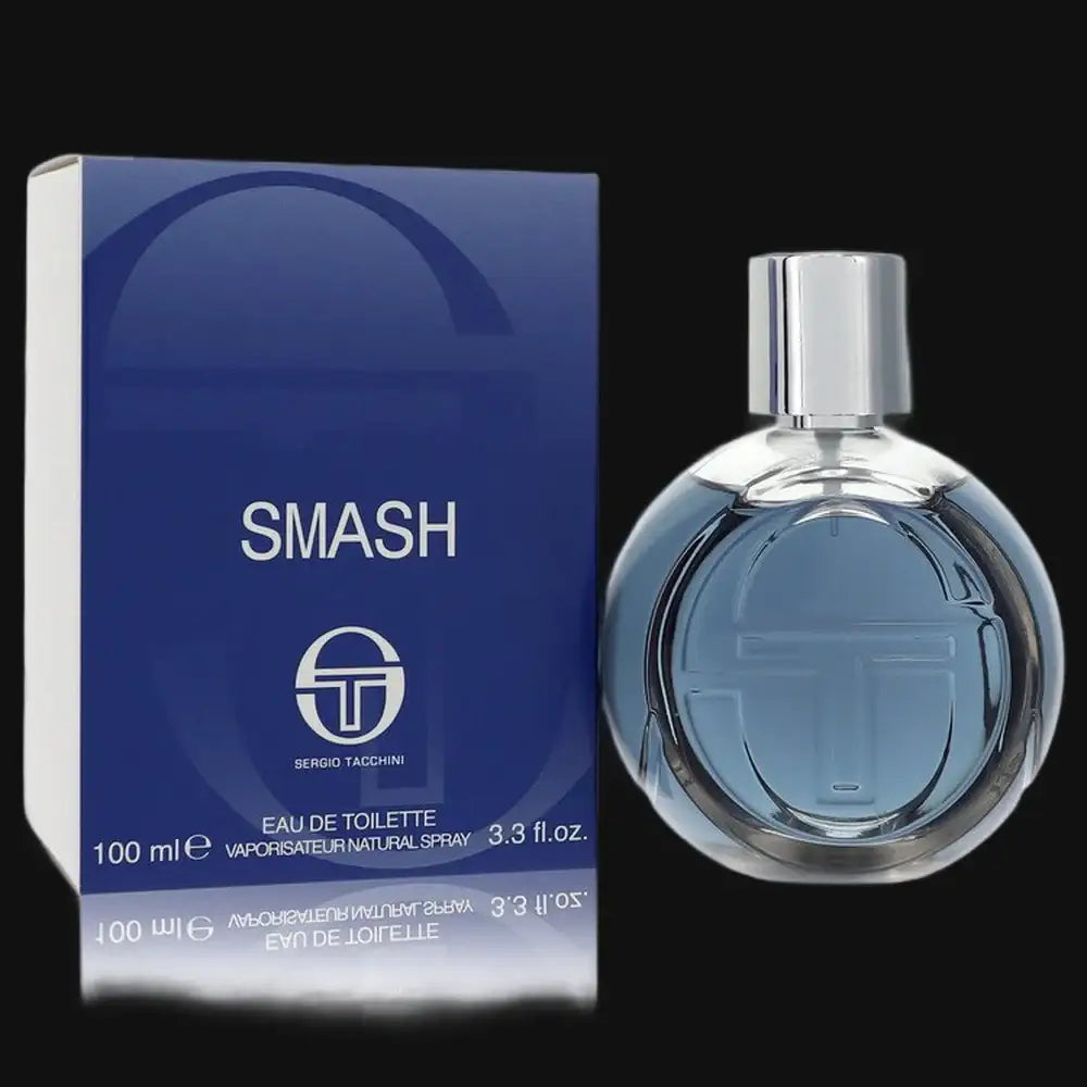 Men's cologne bottle with blue glass and silver spray cap, beside matching box.