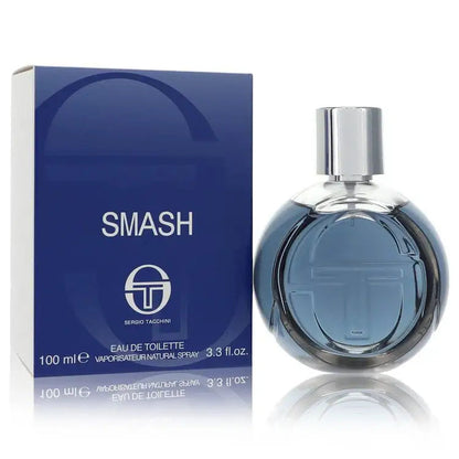 Men's cologne bottle with blue glass and silver spray cap, with Smash box.