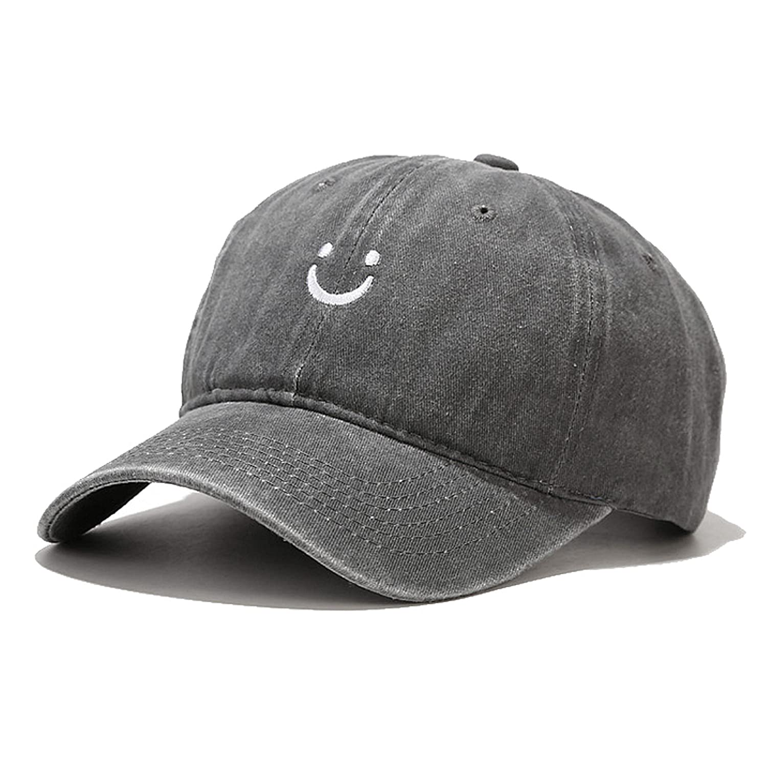 Smile Face Baseball Cap Vintage Distressed Low Profile Unstructured Cotton Dad Hat Adjustable for Women Men (Grey) - Renee Lane Company