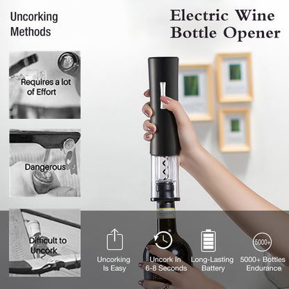 Black electric wine bottle opener held in hand above a glass and bottle