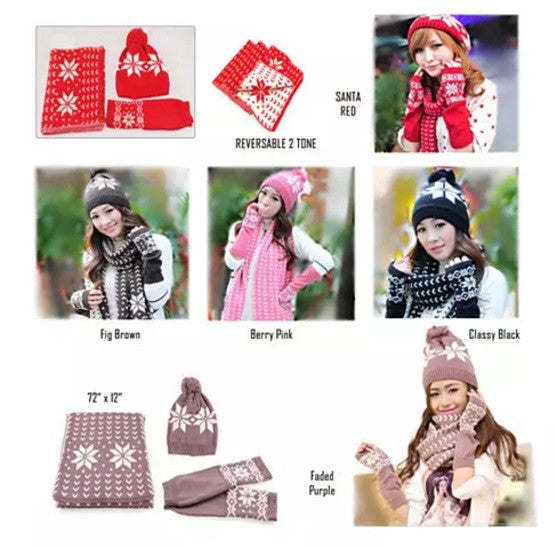 Snow Angel 3 pc XMas Set of Scarf; Hat And Gloves In 2 Tones - Renee Lane Company