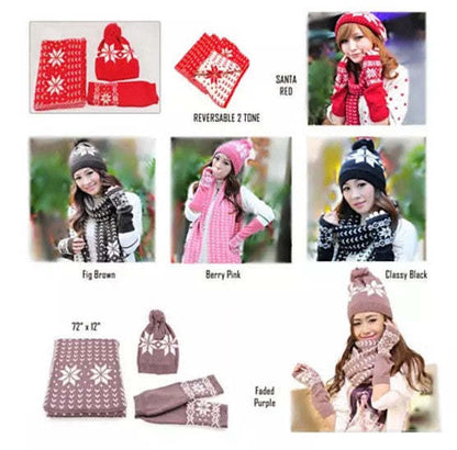 Snow Angel 3 pc XMas Set of Scarf; Hat And Gloves In 2 Tones - Renee Lane Company