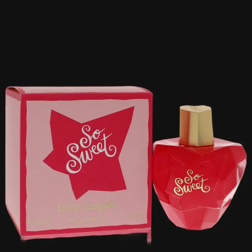 Perfume set with red bottle, gold cap, and pink box with So Sweet star logo