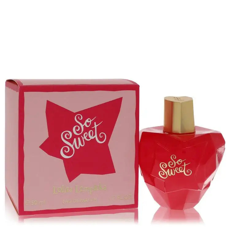 Perfume bottle with gold cap and red faceted body; pink box with So Sweet star logo