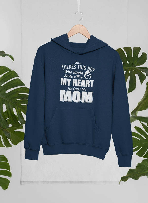 Navy pullover hoodie with front kangaroo pocket and “Mom” heart text design