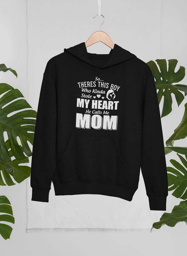 Black pullover hoodie with hood and front pouch pocket; “Mom” heart graphic