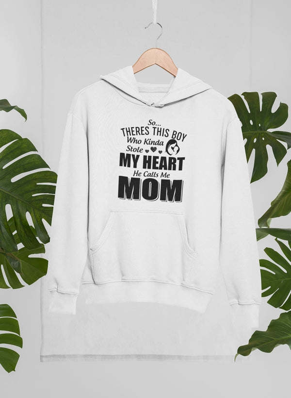 White pullover hoodie with kangaroo pocket and “Mom” heart graphic on chest