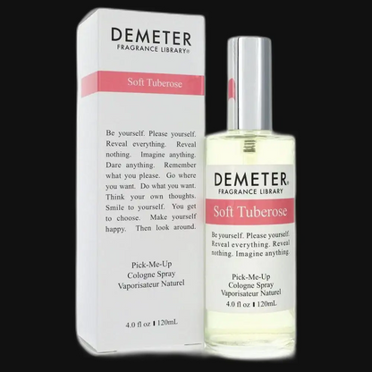Demeter Soft Tuberose cologne spray with silver cap, clear bottle, and boxed packaging