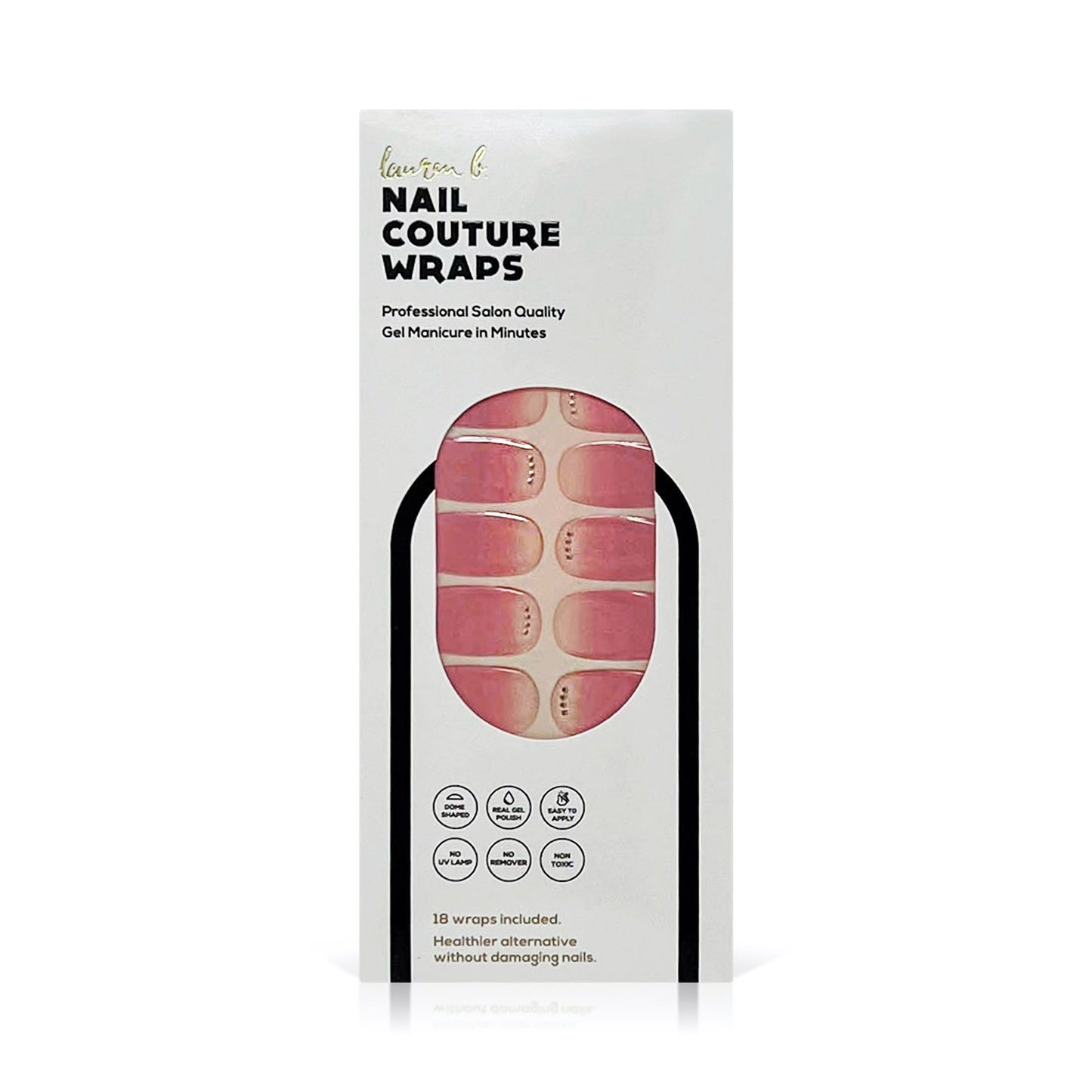 Pink gradient gel nail wrap set with rounded tips, shown on product box