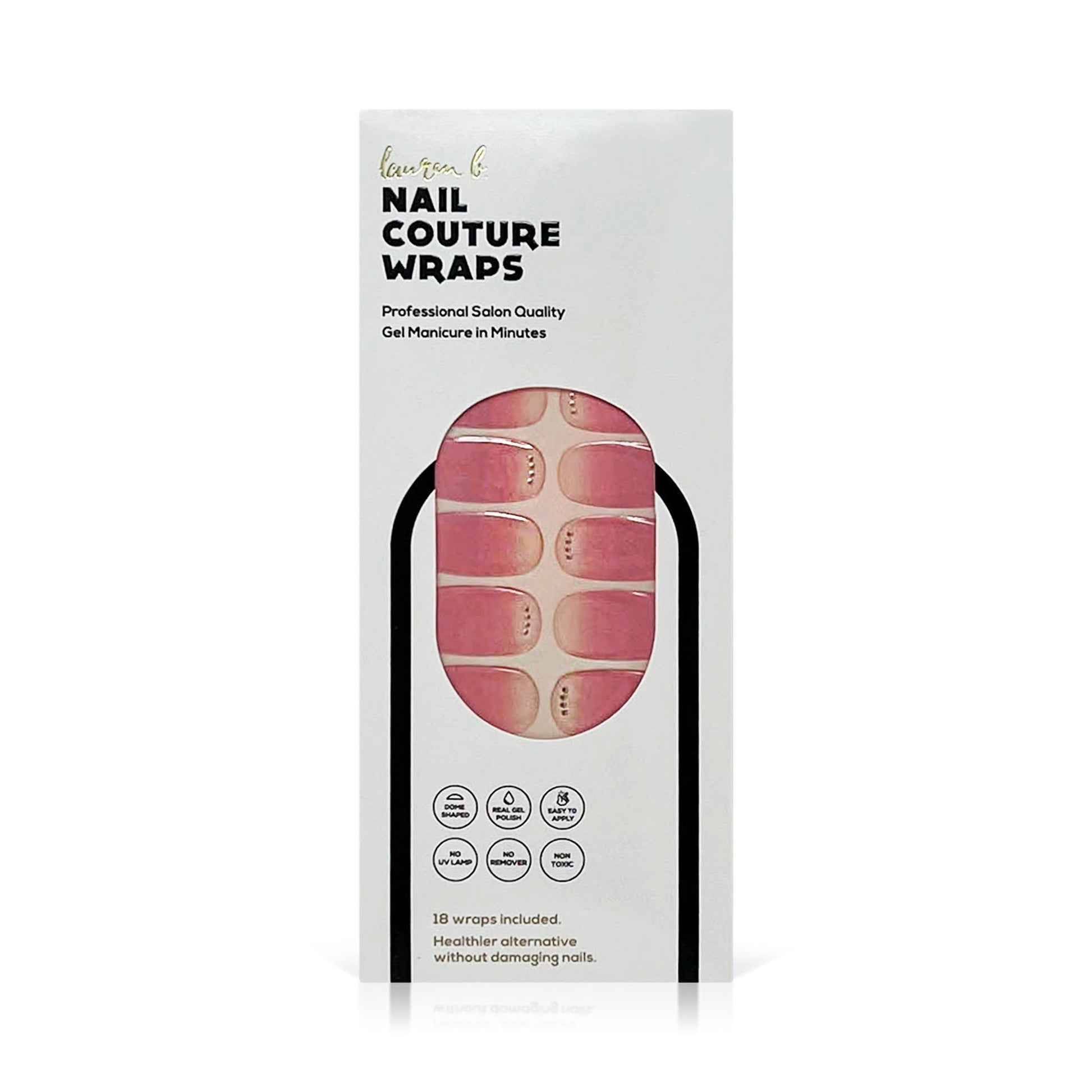 Pink gradient gel nail wrap set with rounded tips, shown on product box