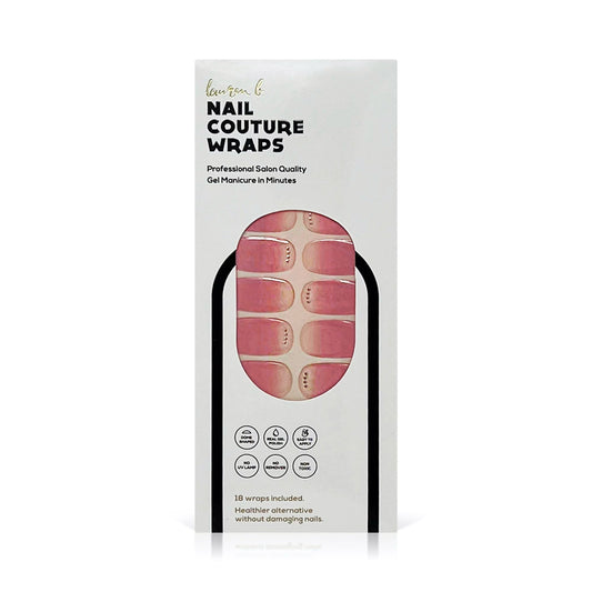 Pink gradient gel nail wrap set with rounded tips, shown on product box
