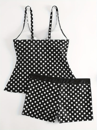 Solid Color Polka Dot Two Pieces Swimsuit, V Neck Mid-Stretch Boxer Short Bottom Bathing Suit, Women's Swimwear & Clothing - Renee Lane Company