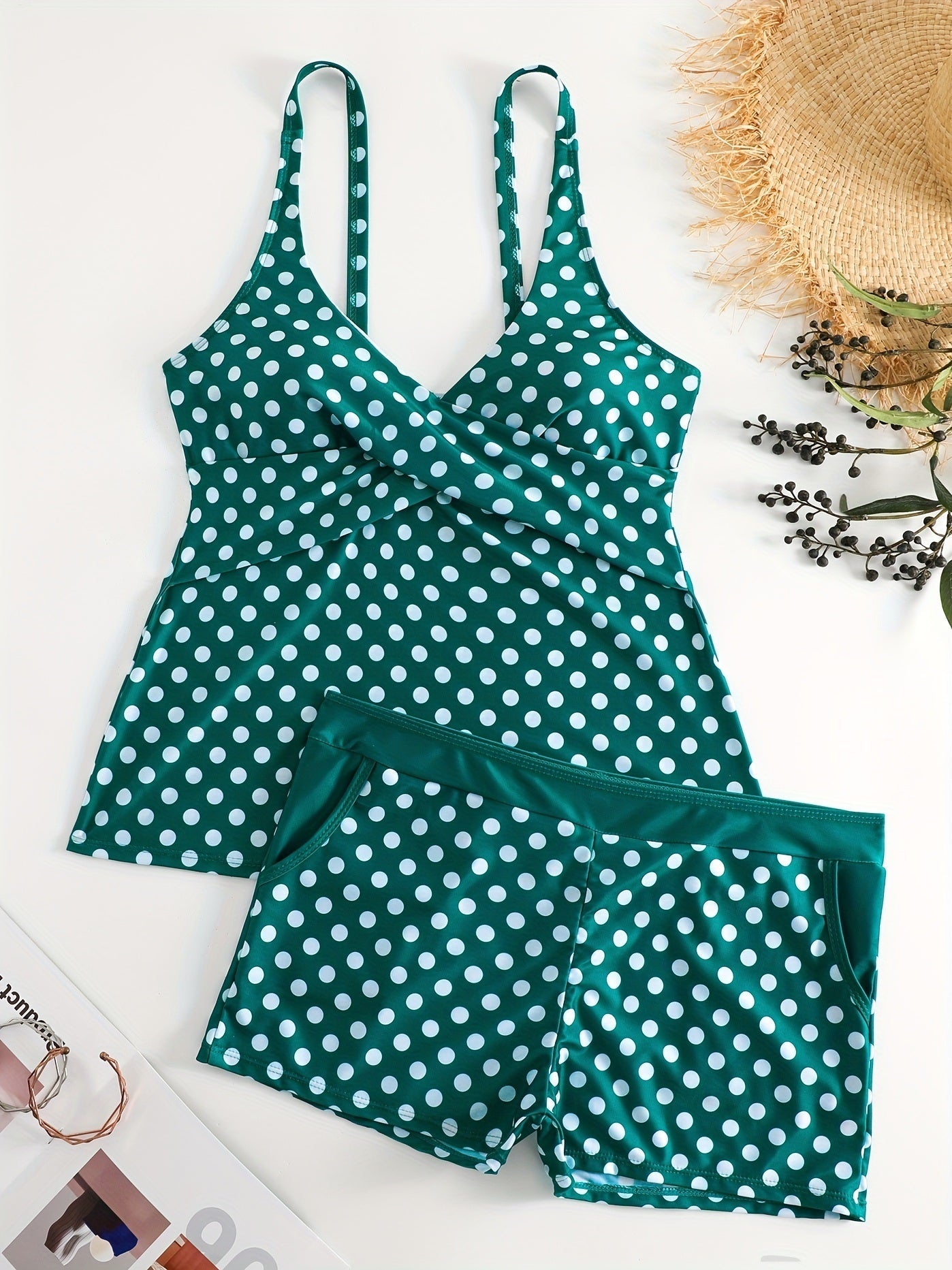 Solid Color Polka Dot Two Pieces Swimsuit, V Neck Mid-Stretch Boxer Short Bottom Bathing Suit, Women's Swimwear & Clothing - Renee Lane Company
