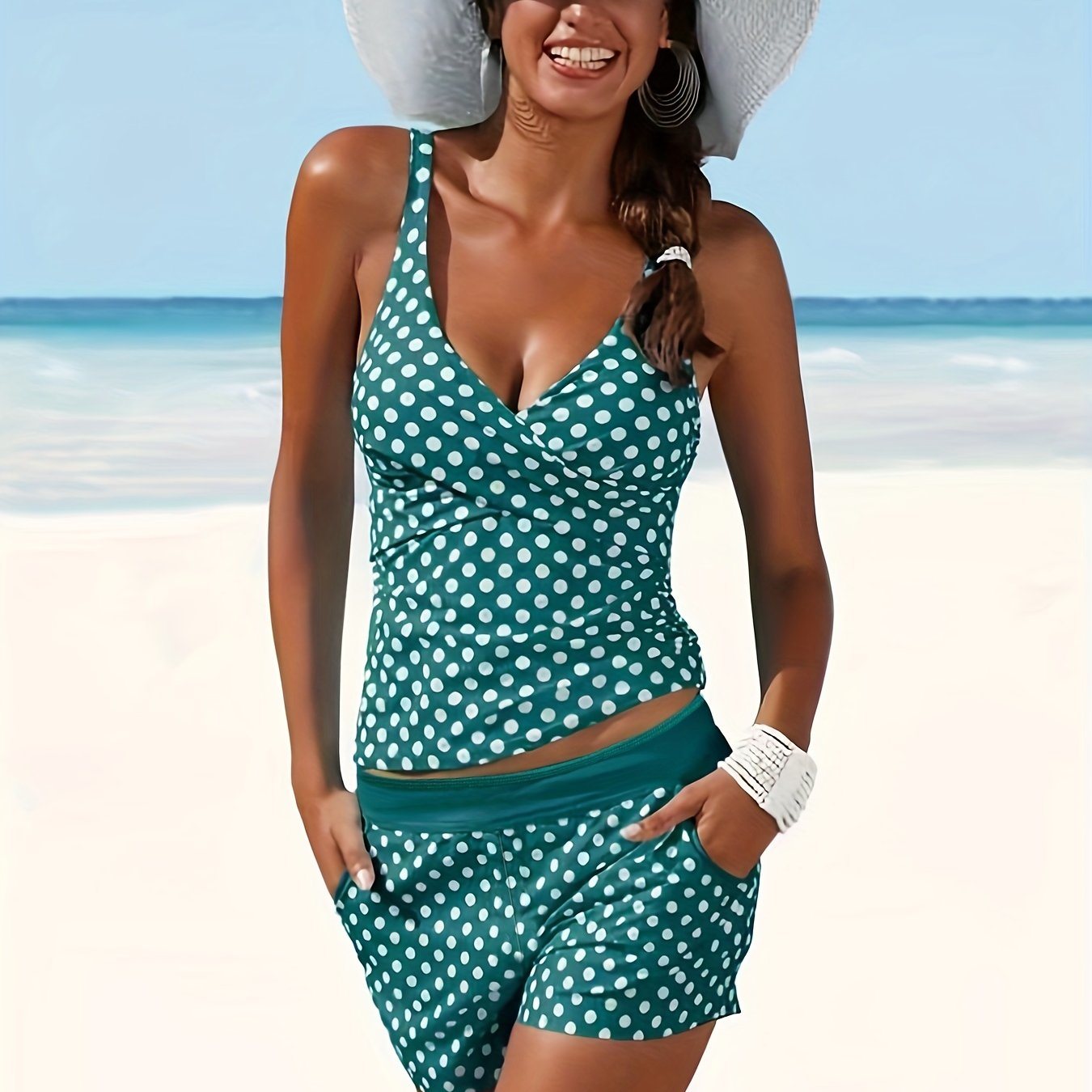 Solid Color Polka Dot Two Pieces Swimsuit, V Neck Mid-Stretch Boxer Short Bottom Bathing Suit, Women's Swimwear & Clothing - Renee Lane Company