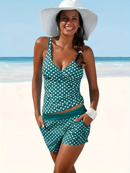 Solid Color Polka Dot Two Pieces Swimsuit, V Neck Mid-Stretch Boxer Short Bottom Bathing Suit, Women's Swimwear & Clothing - Renee Lane Company