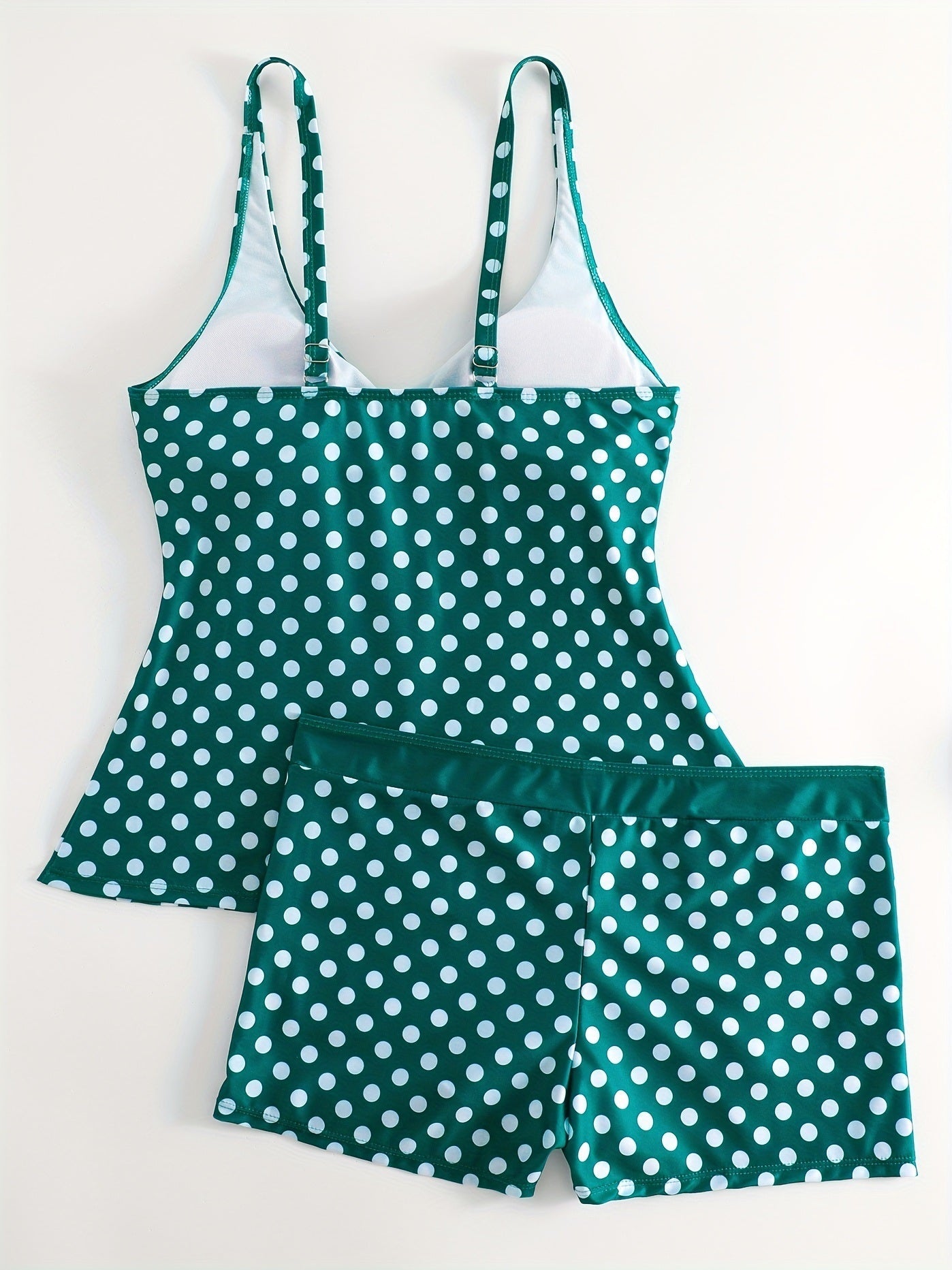 Solid Color Polka Dot Two Pieces Swimsuit, V Neck Mid-Stretch Boxer Short Bottom Bathing Suit, Women's Swimwear & Clothing - Renee Lane Company