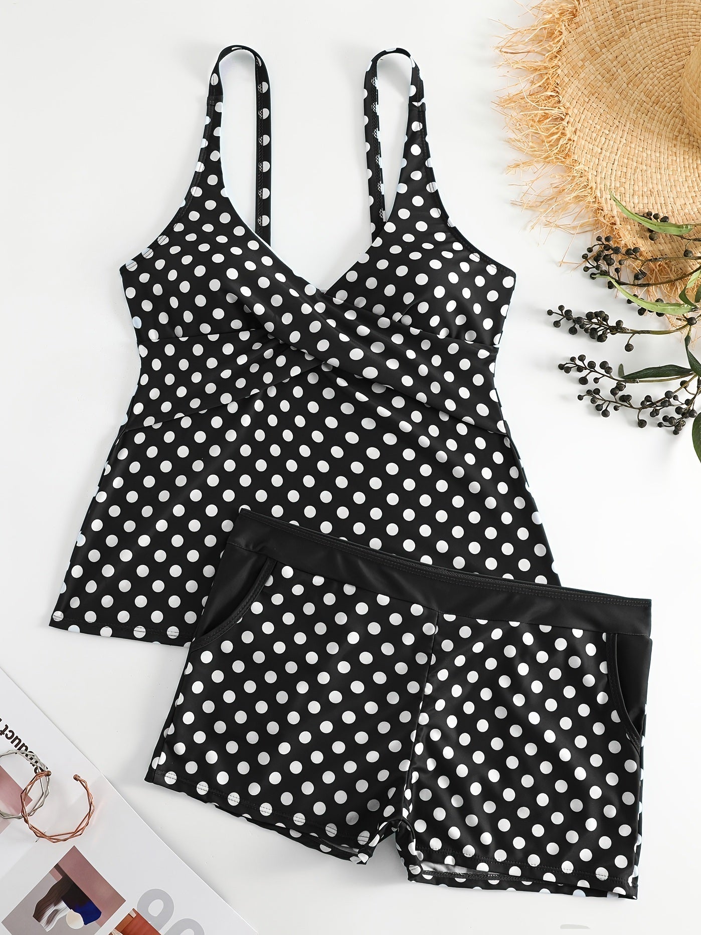 Solid Color Polka Dot Two Pieces Swimsuit, V Neck Mid-Stretch Boxer Short Bottom Bathing Suit, Women's Swimwear & Clothing - Renee Lane Company