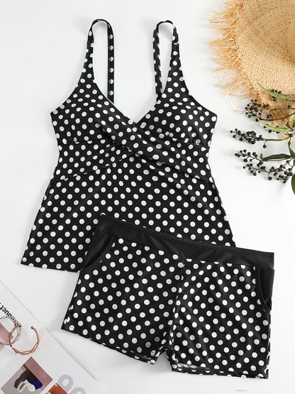 Solid Color Polka Dot Two Pieces Swimsuit, V Neck Mid-Stretch Boxer Short Bottom Bathing Suit, Women's Swimwear & Clothing - Renee Lane Company