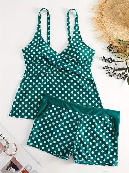 Solid Color Polka Dot Two Pieces Swimsuit, V Neck Mid-Stretch Boxer Short Bottom Bathing Suit, Women's Swimwear & Clothing - Renee Lane Company