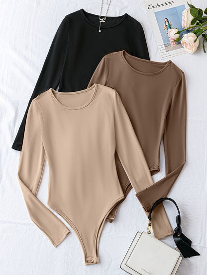 Solid Crew Neck Bodysuit 3 Pack, Casual Long Sleeve One-piece Bodysuit, Women's Clothing - Renee Lane Company