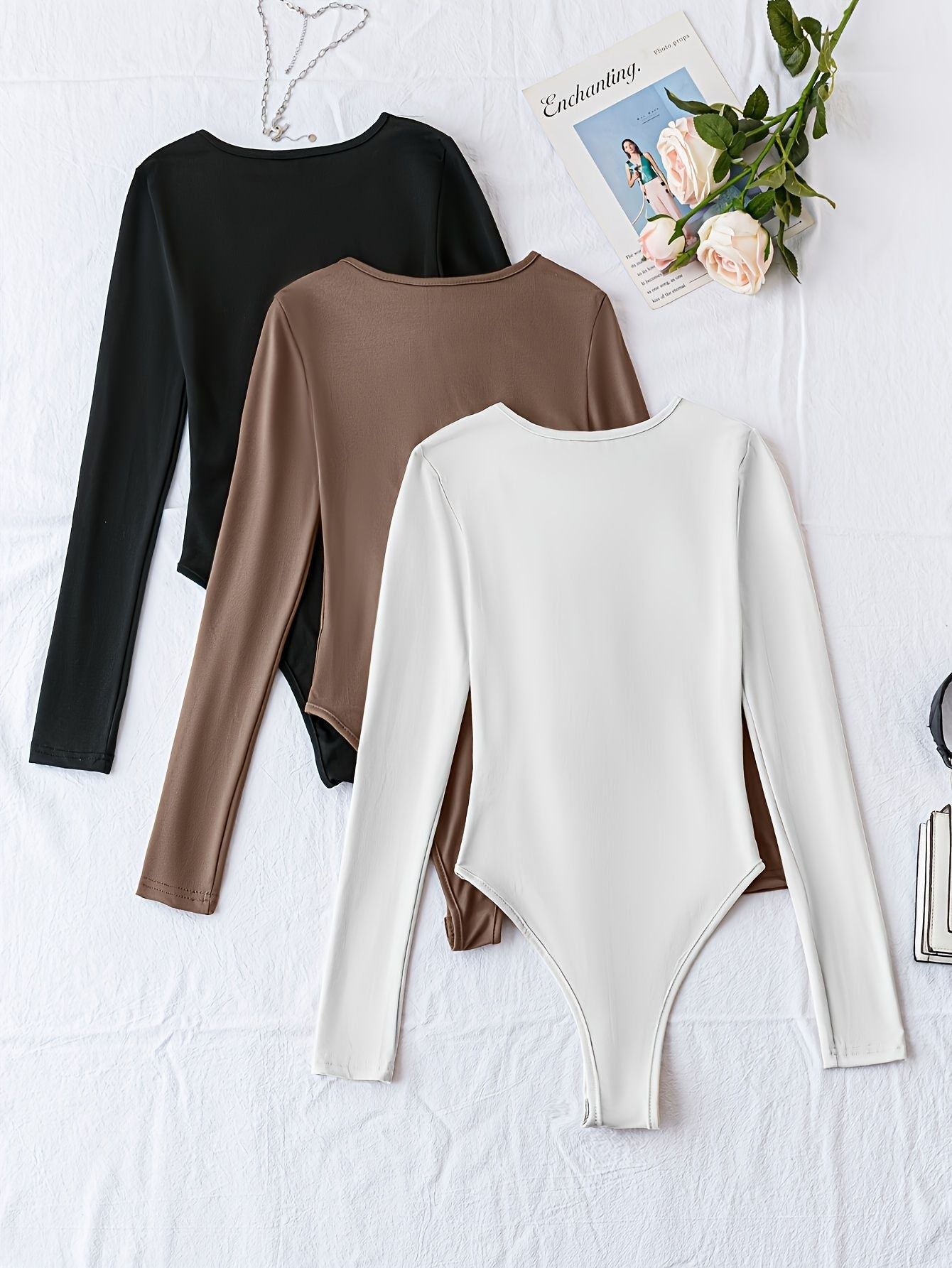 Solid Crew Neck Bodysuit 3 Pack, Casual Long Sleeve One-piece Bodysuit, Women's Clothing - Renee Lane Company