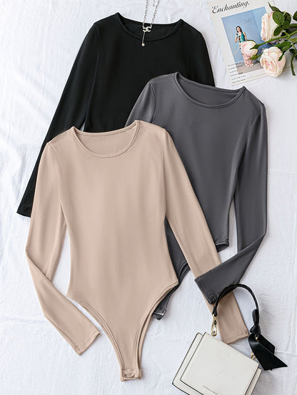 Solid Crew Neck Bodysuit 3 Pack, Casual Long Sleeve One-piece Bodysuit, Women's Clothing - Renee Lane Company