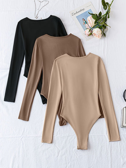 Solid Crew Neck Bodysuit 3 Pack, Casual Long Sleeve One-piece Bodysuit, Women's Clothing - Renee Lane Company