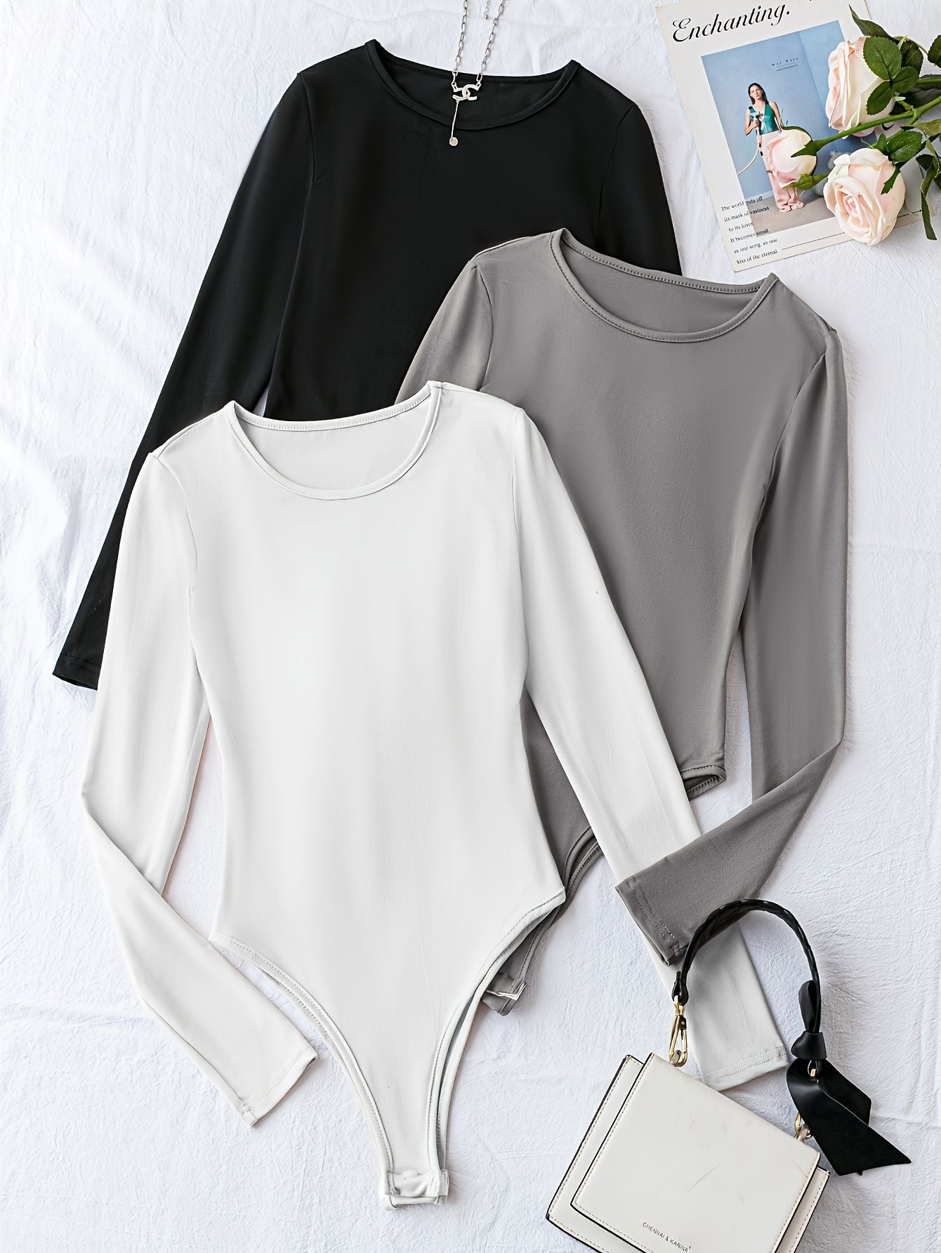 Solid Crew Neck Bodysuit 3 Pack, Casual Long Sleeve One-piece Bodysuit, Women's Clothing - Renee Lane Company