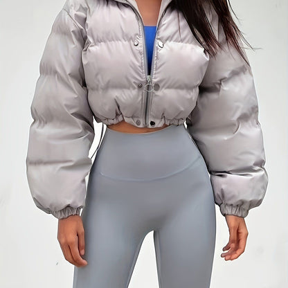 Solid Full Zipper Crop Coat, Warm Stand Collar Lightweight Coat, Outerwear For Fall & Winter, Women's Clothing - Renee Lane Company