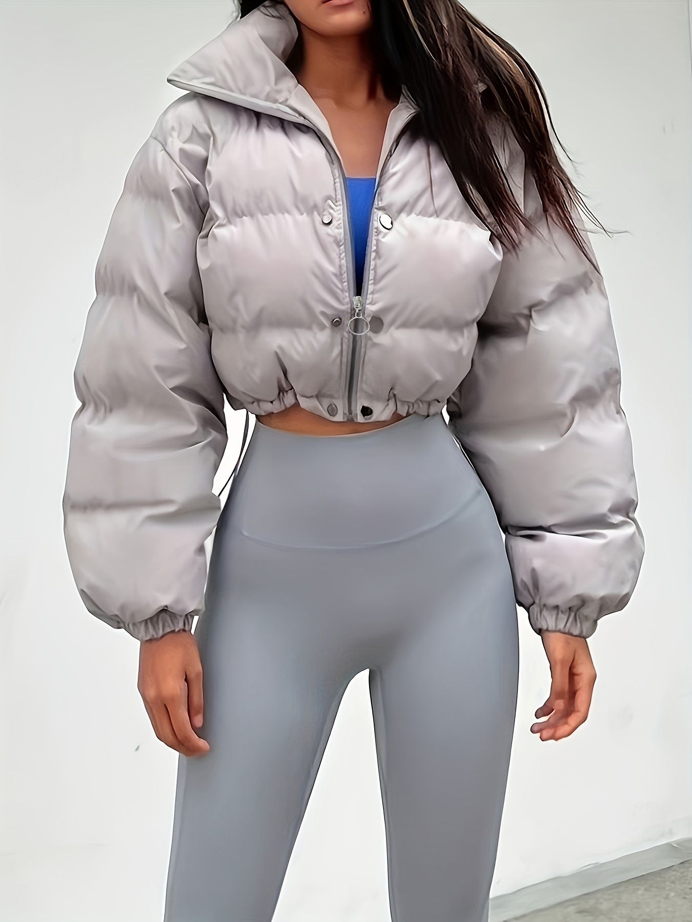 Solid Full Zipper Crop Coat, Warm Stand Collar Lightweight Coat, Outerwear For Fall & Winter, Women's Clothing - Renee Lane Company