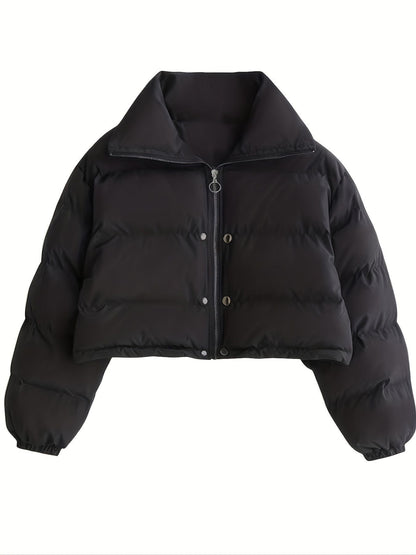 Solid Full Zipper Crop Coat, Warm Stand Collar Lightweight Coat, Outerwear For Fall & Winter, Women's Clothing - Renee Lane Company