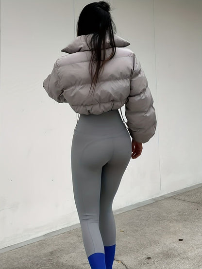 Solid Full Zipper Crop Coat, Warm Stand Collar Lightweight Coat, Outerwear For Fall & Winter, Women's Clothing - Renee Lane Company