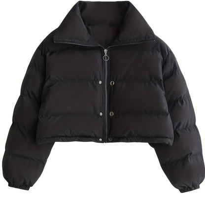 Solid Full Zipper Crop Coat, Warm Stand Collar Lightweight Coat, Outerwear For Fall & Winter, Women's Clothing - Renee Lane Company
