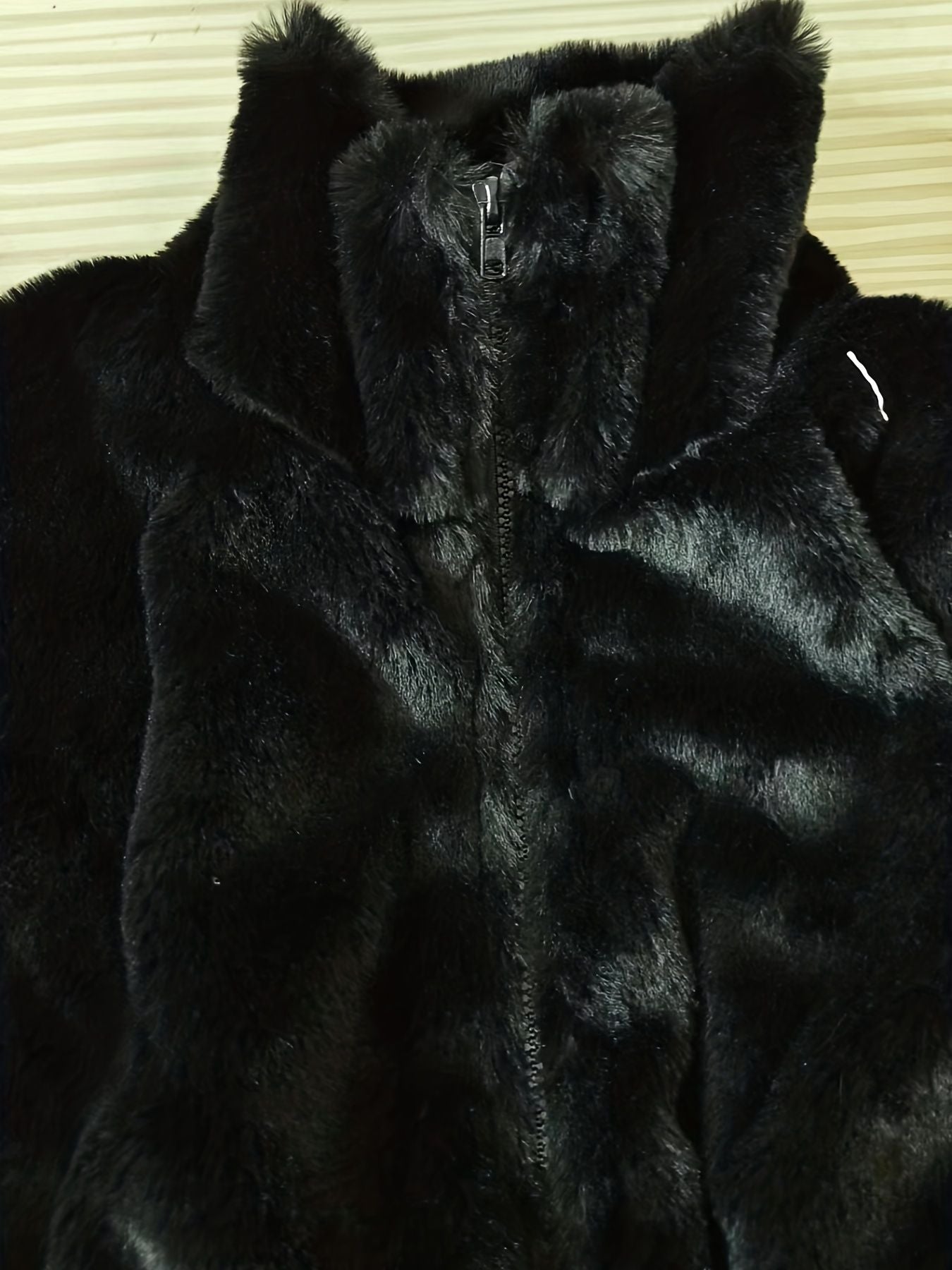 Solid Zip Up Fuzzy Coat, Casual Long Sleeve Lapel Outwear, Women's Clothing - Renee Lane Company