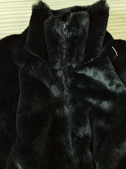 Solid Zip Up Fuzzy Coat, Casual Long Sleeve Lapel Outwear, Women's Clothing - Renee Lane Company