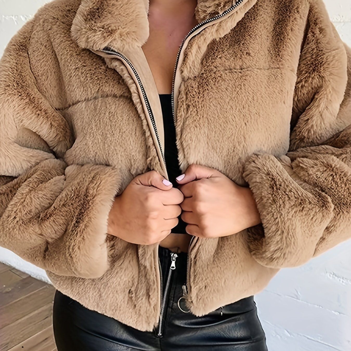 Solid Zip Up Fuzzy Coat, Casual Long Sleeve Lapel Outwear, Women's Clothing - Renee Lane Company