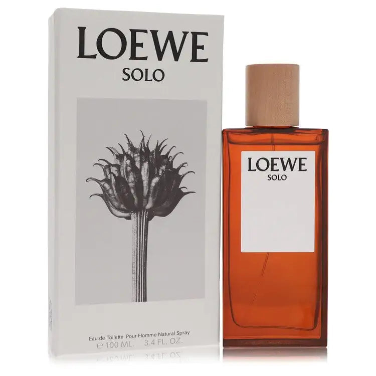 Loewe Solo cologne bottle with box, brown cap, amber liquid in glass