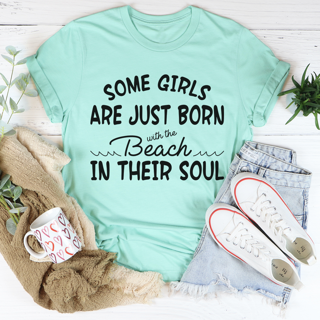 Mint crewneck T-shirt with bold black beach-soul quote graphic across front