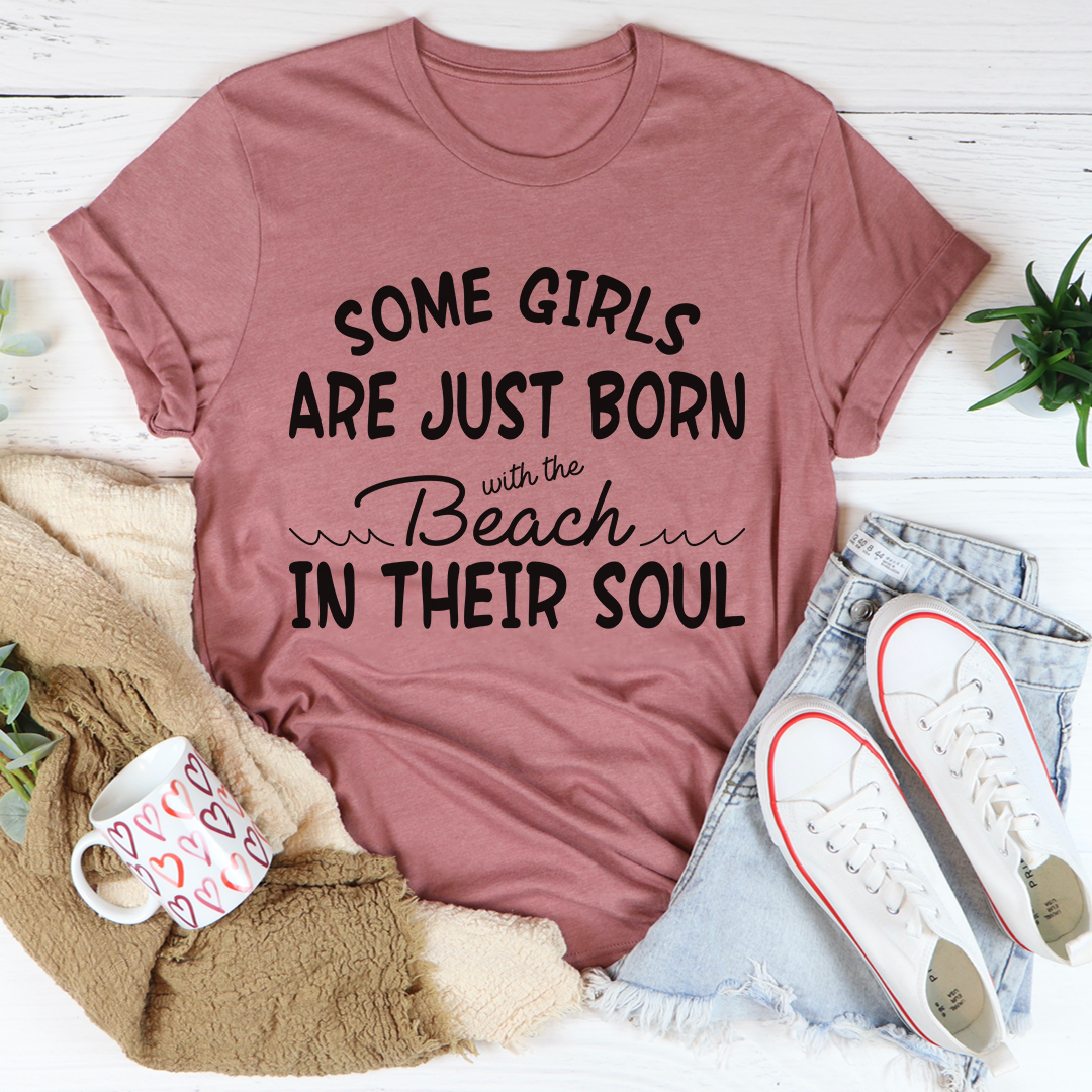 Rose-mauve crewneck T-shirt with black beach-soul slogan print on front