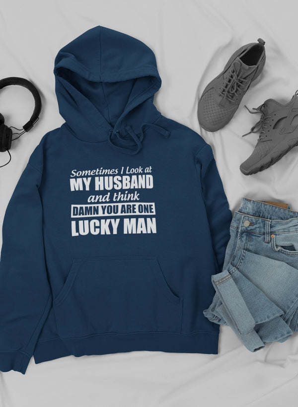 Navy hoodie with drawstring hood and kangaroo pocket, featuring a bold front quote print