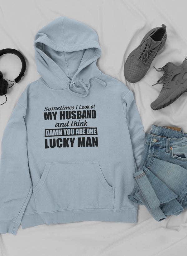 Light blue hoodie with drawstring hood, kangaroo pocket, and bold front quote typography