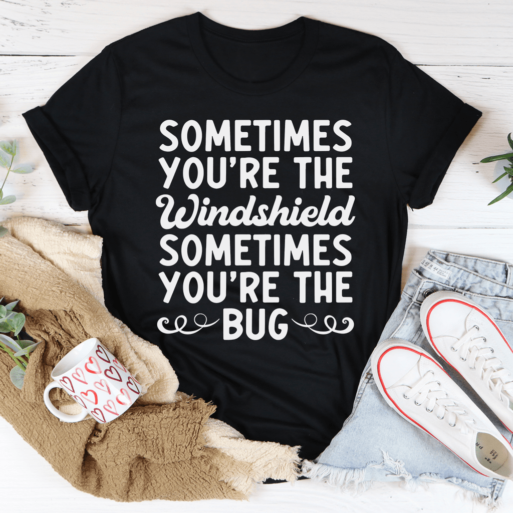 Black crewneck T-shirt with bold "Windshield" and "Bug" text graphic