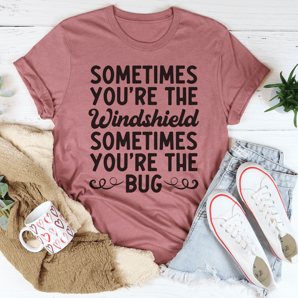 Mauve crewneck T-shirt with bold "Windshield" and "Bug" text graphic