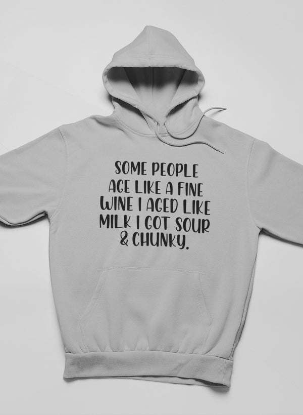 Light gray hoodie with front graphic text and drawstring hood