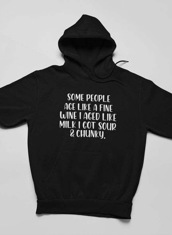Black hoodie with front graphic text and drawstring hood