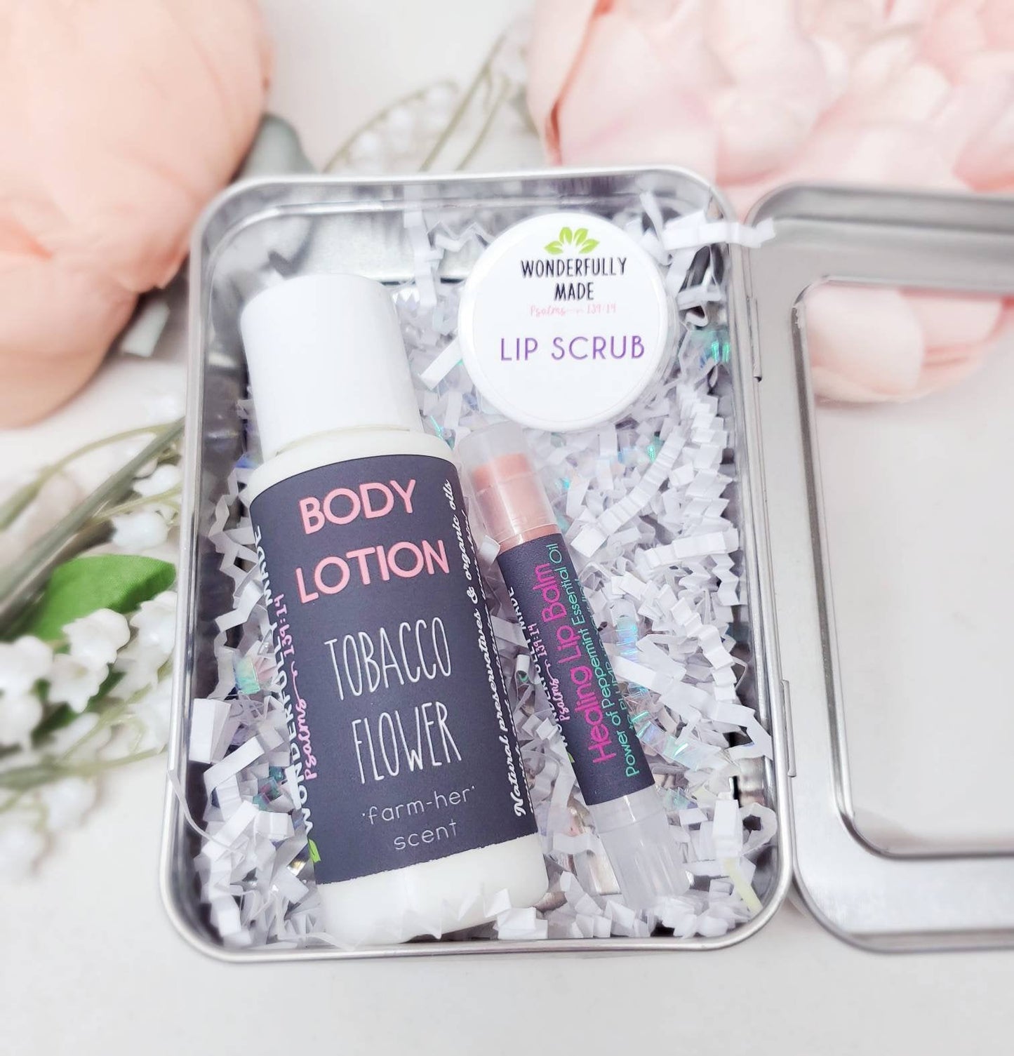 Spa Gift Basket | All Natural Organic | Tobacco Flower Floral Scent | Mini Spa and Relaxing Kit | Metal Tin Box | Lip Balm Lotion Lip Scrub - Renee Lane Company